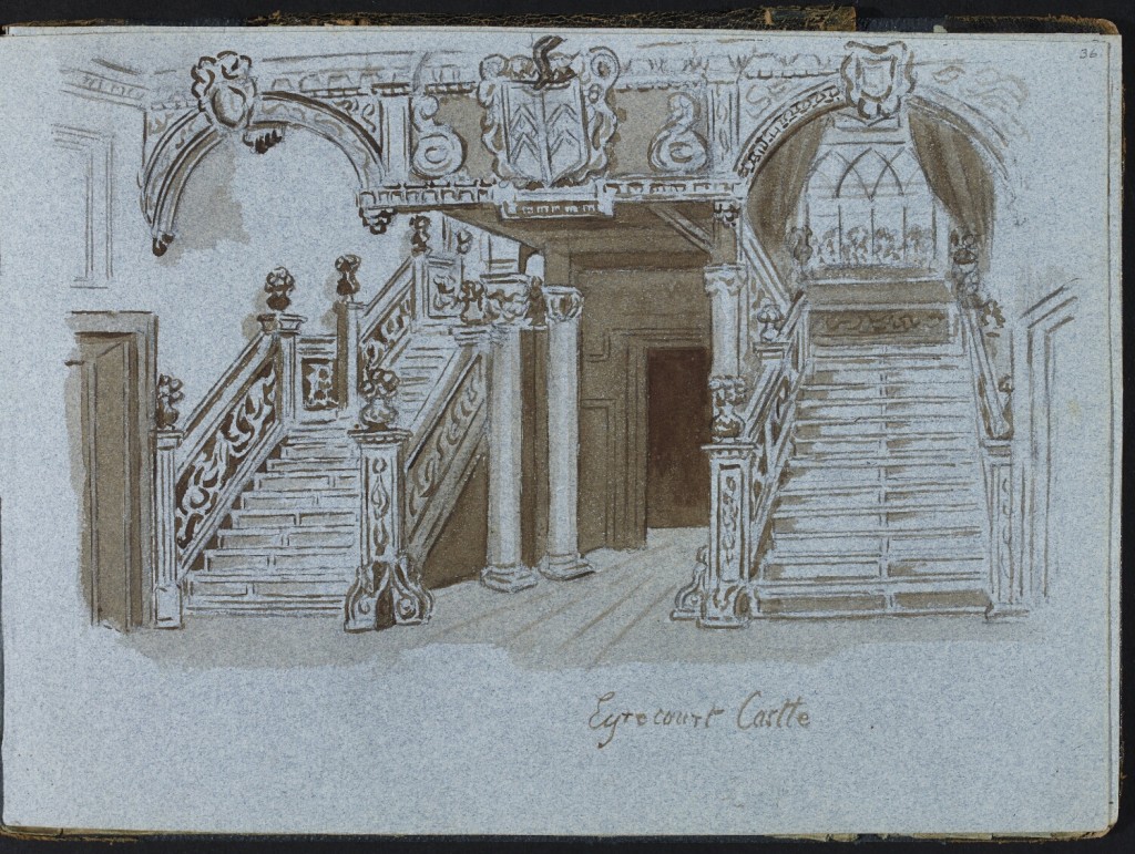 Drawing of Eyrecourt Castle Staircase by Lady Gregory