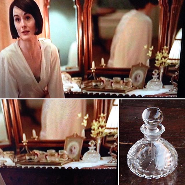 Crystal glass perfume bottle on Lady Mary Crawley's dressing table